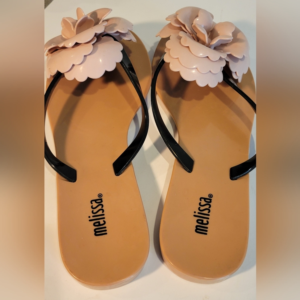 Melissa Women's Harmonoc Pink Floral Thang Sandals Beige/ Black Size 7 - Picture 6 of 7